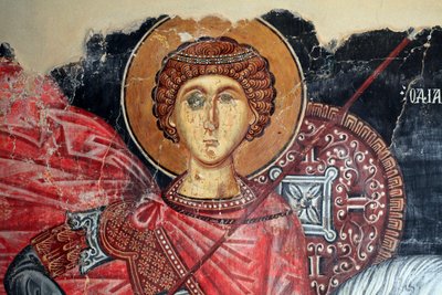 Fresco Bizantino del Siglo XV (detalle) San Jorge Pintura Mural Iglesia del Arcángel Miguel en Pedoulas, Chipre Iglesias Pintadas Sitio UNESCO Troodos, Chipre de Unknown